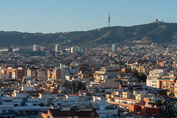 Landscape of Barcelona city at sunset 