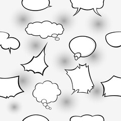 Seamless retro empty comic bubbles and elements set with black halftone shadows on transparent background.