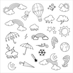 Obraz premium weather doodle vector set illustration with hand draw line art style vector, star, sun