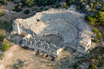 Aerial view of the amphitheater in the ancient city of Patara, Antalya, Turkey.