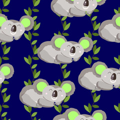 Seamless pattern with cute koala baby and leaves on color background. Funny australian animals. Card, postcards for kids. Flat vector illustration for fabric, textile, wallpaper, poster, paper.