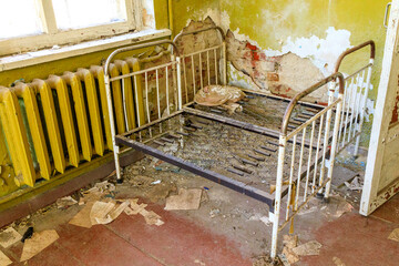 Ukraine, Pripyat, Chernobyl. Children's beds in dormitory of school.
