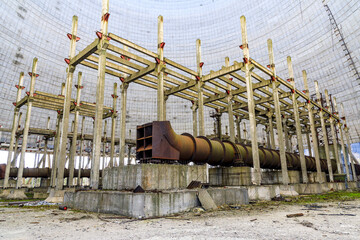 Ukraine, Pripyat, Chernobyl. Inside the unfinished cooling tower for reactors 5 and 6 which were...