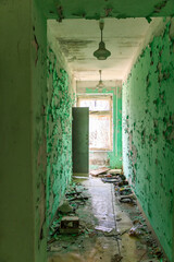 Ukraine, Pripyat, Chernobyl. Exclusion zone, peeling paint, deserted hallways.