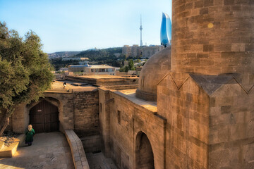 Shirvanshahs Palace Complex in the Inner City of Baku (UNESCO World Heritage site) with the Flame Towers in the distance, Baku, Azerbaijan