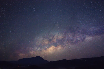 Clearly milky way galaxy at night. Image contains noise and grain due to high ISO. Image also contains soft focus and blur due to long exposure and wide aperture.