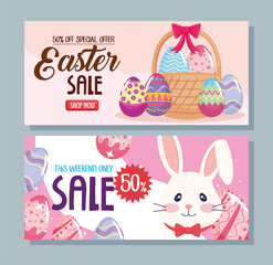 happy easter season sale poster with rabbit and eggs painted vector illustration design