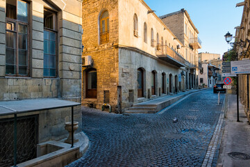 Old houses and cobbled street in the Inner City of Baku, Azerbaijan
