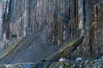 Road built on the steep cliff of the southern slopes of Greater Caucasus to Lahij village, Ismailli region, Azerbaijan