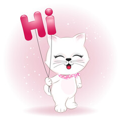 Cute little cat and balloons. Say HI concept.