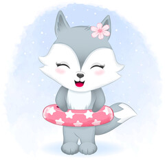 Cute little fox with a swim inflatable rubber ring