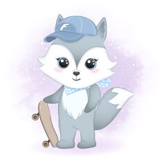 Cute little fox with skateboard hand drawn cartoon illustration