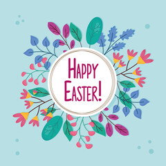happy easter lettering with leafs and flowers in circular frame vector illustration design
