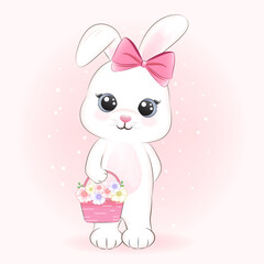 Cute Bunny and flowers basket hand drawn cartoon animal illustration