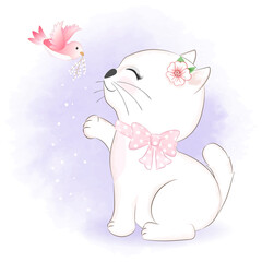 Cute Little cat with bird hand drawn cartoon animal watercolor illustration