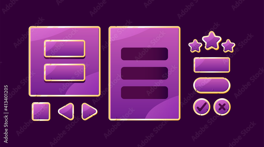 Poster set of golden purple game ui board pop up and button for gui asset elements vector illustration