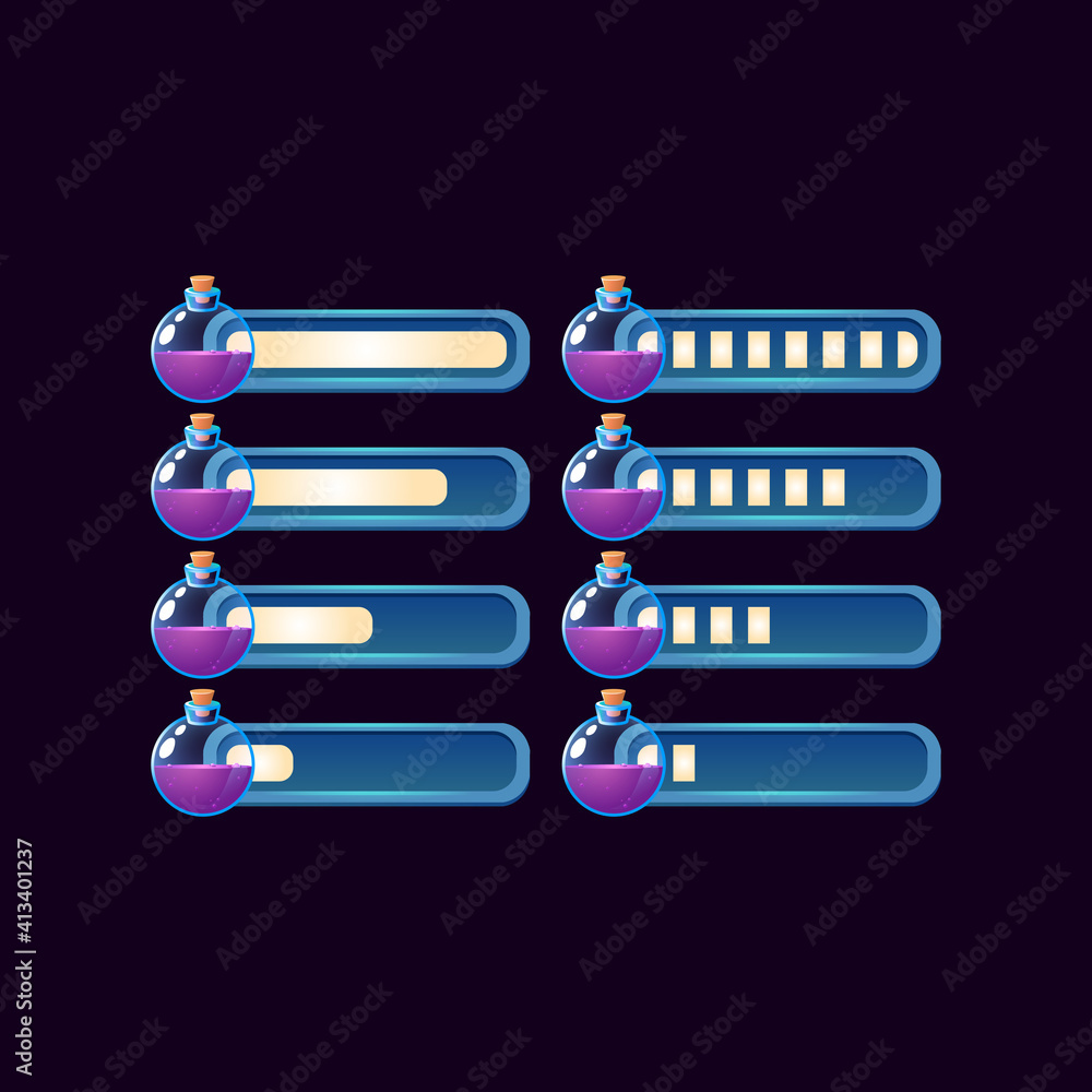Poster set of gui fantasy progress magic bar for game ui asset elements vector illustration