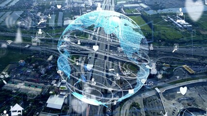 Global connection and internet network modernization in smart city . Concept of future 5G wireless digital connecting and social media networking .