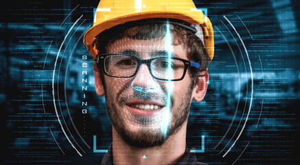 Facial recognition technology for industry worker to access machine control . Future concept interface showing digital biometric security system that analyze human face to verify personal data .