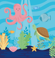 underwater world with octopus seascape scene vector illustration design