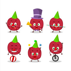 Cartoon character of slice of beet with various circus shows