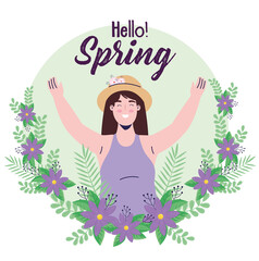 spring season lettering card with woman in floral wreath vector illustration design