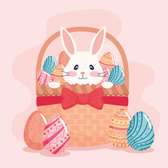 happy easter season card with rabbit and eggs painted in basket vector illustration design