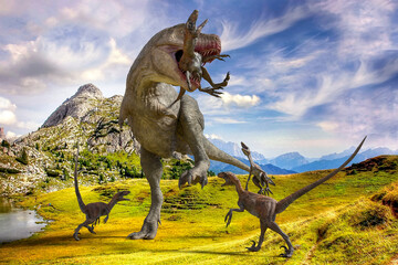 大自然の中でヴェロキラプトルを一匹噛みくわえている巨大なティラノサウルスに仲間を助けようと攻撃をするヴェロキラプトルの群れ - obrazy, fototapety, plakaty