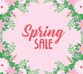 spring sale lettering with pink flowers frame vector illustration design