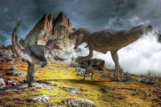 天候が悪い高原を歩く親子のティラノサウルスに獰猛な恐竜が後ろから近づき母親が威嚇して追い払おうとしている