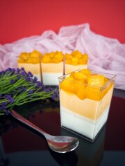 Sweet and delicious mango panna cotta, literally means cooked cream, a famous dessert in Italy. Selective focus points. Blurred background