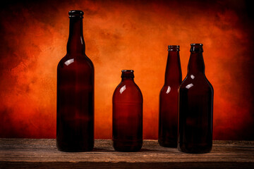 Four dark brown glass beer bottles on a barn wood table in front of an orange background