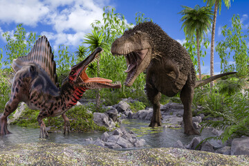 スピノサウルスと毛の生えたティラノサウルスが植物が生い茂る水辺で対峙しにらみ合い縄張り争いをする
