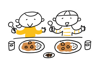 カレーを食べる男の子と女の子