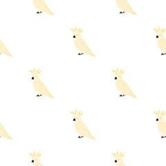Isolated seamless tropic pattern with light pink parrot cockatoo shapes. White background. Exotic bird.