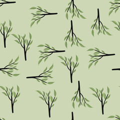 Geometric seamless pattern with green leaves branches ornament. Grey background. Simple design.