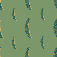 Exotic seamless floral patttern with simple fern leaves silhouettes. Green olive pastel background.