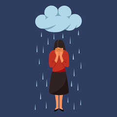 Woman cover her face by hands and crying under falling rain in flat design. Depression disorder, sad, sorrow, disappointment symptom. Psychological therapy and treatment.