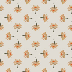 Fototapeta na wymiar Geometric abstract seamless pattern with hand drawn orange daisy flower ornament. Light background.
