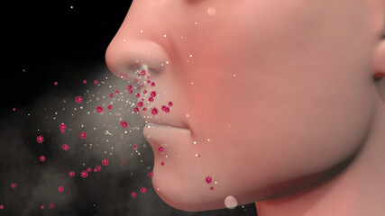 Human nose exhaling particles , bioaerosols , viruses and germs. Microbes exiting nasal passage of person. 3d  render illustration - obrazy, fototapety, plakaty