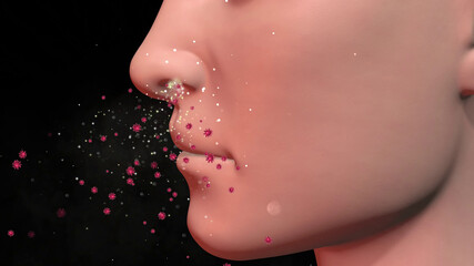 Human nose inhaling particles , bioaerosols , viruses and germs. Microbes exiting nasal passage of person. 3d  render illustration - obrazy, fototapety, plakaty