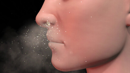 Human nose inhaling particles , bioaerosols. Scent molecules entering nasal passage of person. 3d render illustration