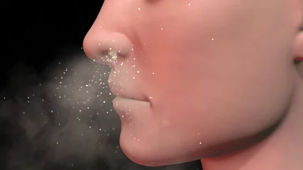 Poster Human nose inhaling particles , bioaerosols. Scent molecules entering nasal passage of person. 3d render illustration © vrx123