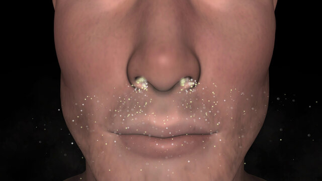 Human nose inhaling particles , bioaerosols. Scent molecules entering nasal passage of person. 3d render illustration