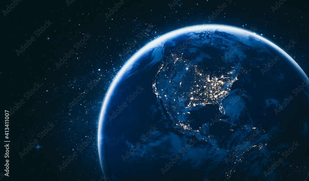 Poster planet earth globe view from space showing realistic earth surface and world map as in outer space p