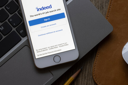Portland, OR, USA - Feb 12, 2021: Indeed mobile app sign-in page is seen on an iPhone. Indeed is an American employment-related metasearch engine for job listings.