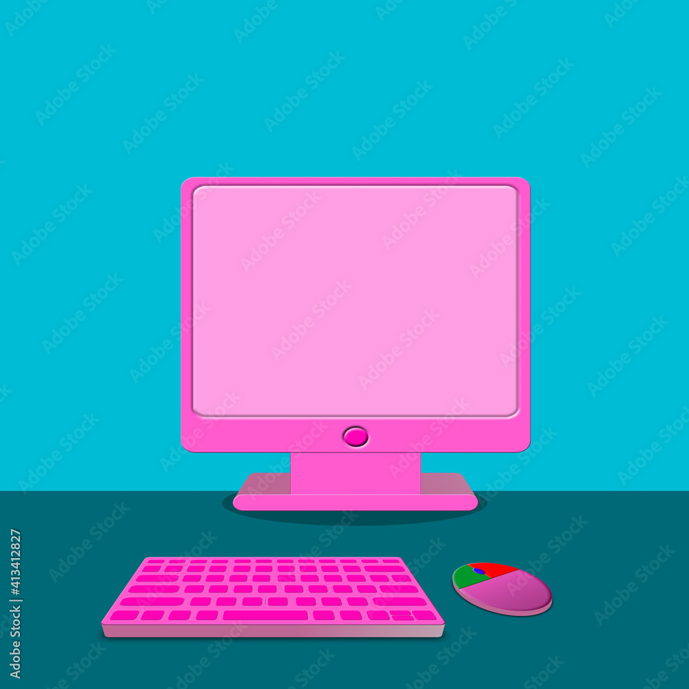 Poster Computer monitor with keyboard icon isolated on blue background. PC component mark. Paper art style. Illustration