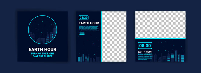 Collection of social media posts for the earth hour. Campaign for climate change awareness by turning off unused lights and electronic equipment for 1 hour.