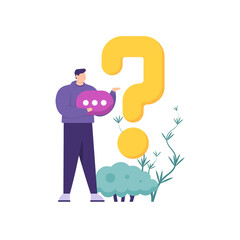 an illustration of a man holding a chat symbol and standing near a question mark. concept Frequently asked questions or FAQs, question marks around people, online support center. flat style. vector