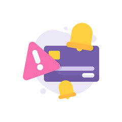 an icon concept about payment alert, bill payment notification, reminder or alarm. illustration of a credit card or ATM card, exclamation point, warning sign, bell. flat style. vector design element